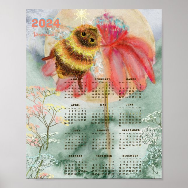 2024 Watercolor Bumblebee Calendar Poster (Front)