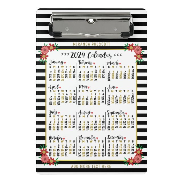 2024 Year Calendar Cute Floral Stripes | Custom Mini Clipboard (Front)