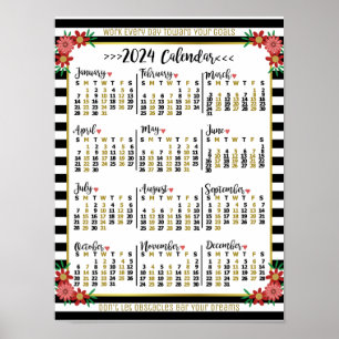 2024 Year Calendar Floral Stripes   Custom Text Poster