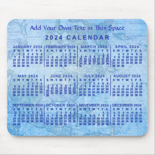 2024 Year Monthly Calendar Custom Blue Antique Map Mouse Pad