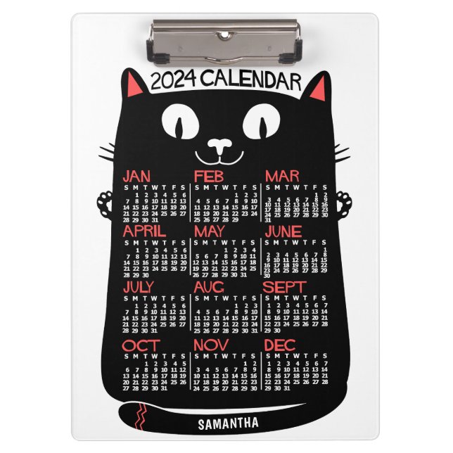 2024 Year Monthly Calendar Mid-Century Black Cat Clipboard (Front)