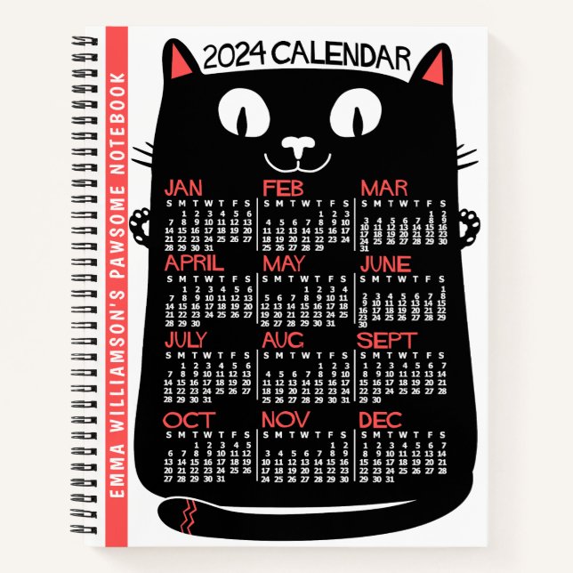2024 Year Monthly Calendar Mid-Century Black Cat Notebook (Front)