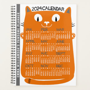 2024 Year Monthly Calendar Mid-Century Orange Cat Planner