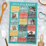 2024 Year Monthly Calendar Modern Photo Collage Tea Towel<br><div class="desc">This personalised 2024 year monthly calendar kitchen towel has a mid-century modern geometric look with asymmetrical colour blocks and cut-out paper style typography. Use the easy templates to add six of your favourite photos (horizontal work best, but all shapes will automatically adjust to fit the frames). This vibrant, ultra-mod calendar...</div>