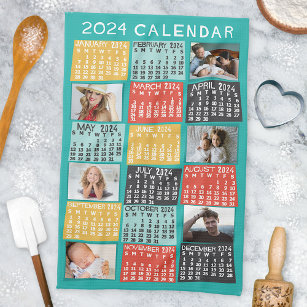 2024 Year Monthly Calendar Modern Photo Collage Tea Towel