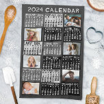 2024 Year Monthly Calendar Photo Collage Mod Black Tea Towel<br><div class="desc">This personalised 2024 year monthly calendar kitchen towel has a mid-century modern geometric look with asymmetrical colour blocks and cut-out paper style typography. The colours are various shades of black, white, and grey. Use the easy templates to add six of your favourite photos (horizontal work best, but all shapes will...</div>