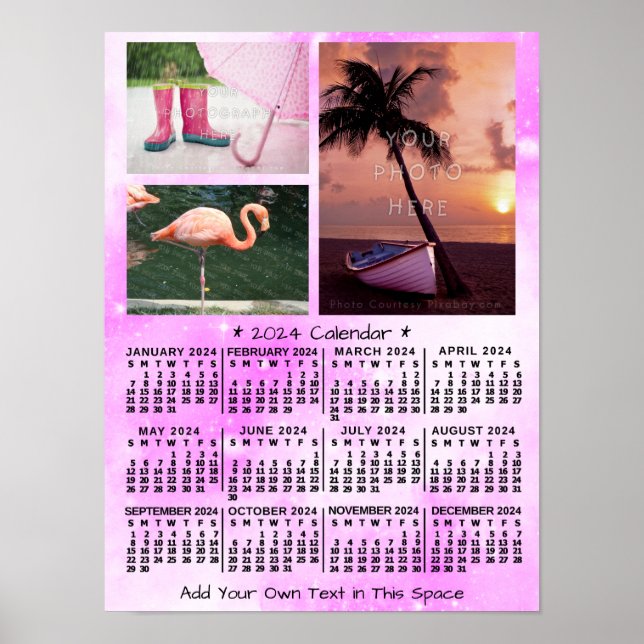 2024 Year Monthly Calendar Pink Watercolor 3 Photo Poster (Front)