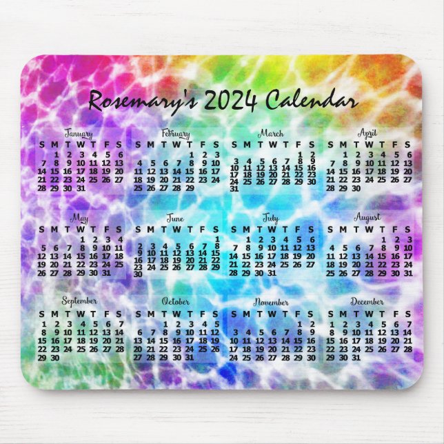 2024 Year Monthly Calendar Tiedye Hippie Rainbow Mouse Pad (Front)