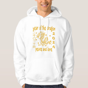 2024 Year Of Dragon Peace And Love Gold White. Hoodie