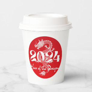 2024 year of the dragon red white paper cups