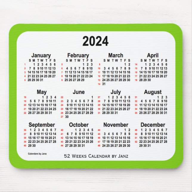 2024 Yellow Green 52 Weeks Calendar by Janz Mouse Pad (Front)