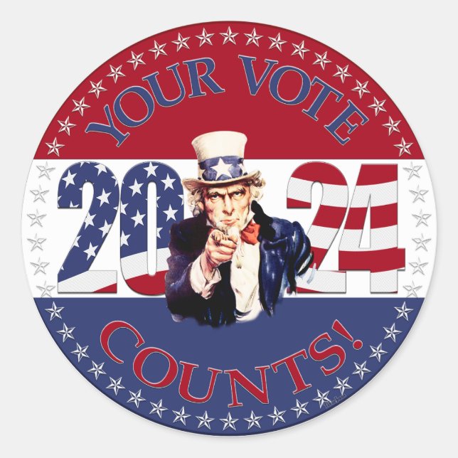 2024 Your Vote Counts Uncle Sam Classic Round Sticker (Front)