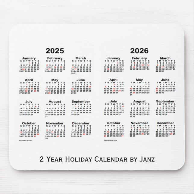 2025-2026 White 2 Year Holiday Calendar by Janz Mouse Pad (Front)