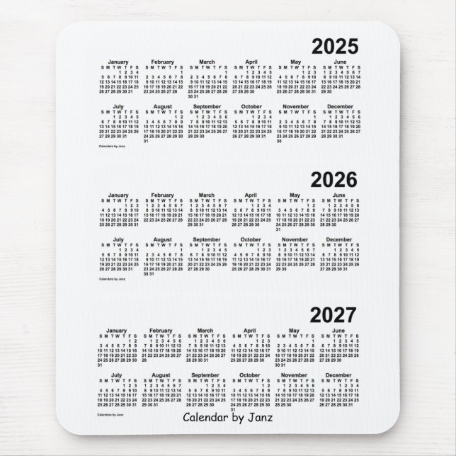 2025-2027 White 3 Year Calendar by Janz Mouse Pad (Front)
