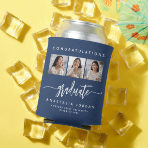 2025 3-Photo Navy Blue Congratulations Graduate Can Cooler