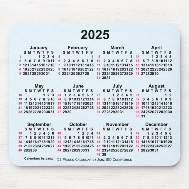 2025 Alice Blue 52 Weeks ISO Calendar by Janz Mouse Pad (Front)