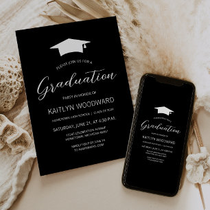 2025 Black and White Cap Modern Graduation Party Invitation