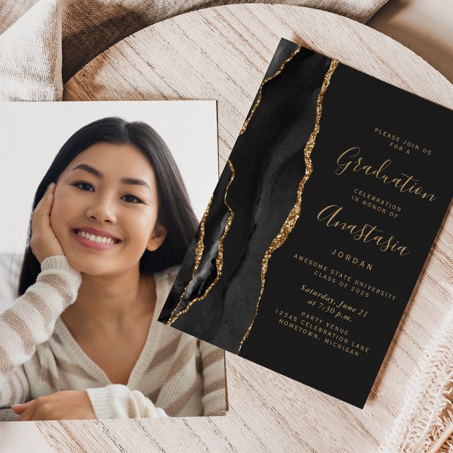 2025 Black Gold Agate Photo Dark Graduation Invitation (Creator Uploaded)
