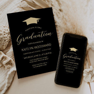 2025 Black Gold Cap Modern Graduation Party Invitation