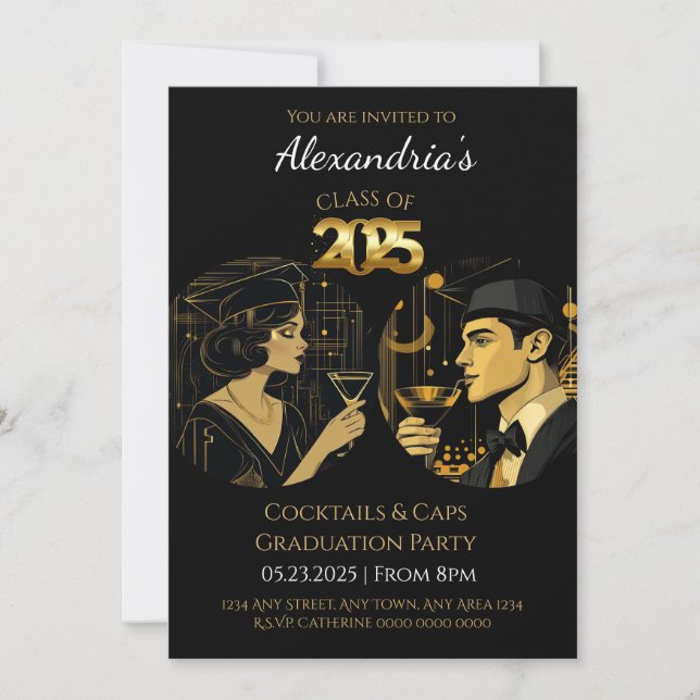2025 Black Gold Cocktail & Caps Graduation Party Invitation (Front)