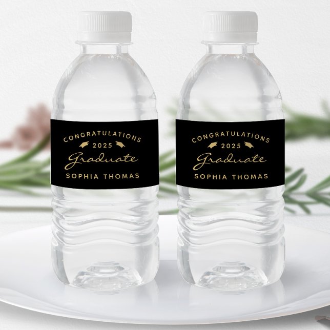 2025 Black Gold Script Cap Graduation Water Bottle Label (Creator Uploaded)