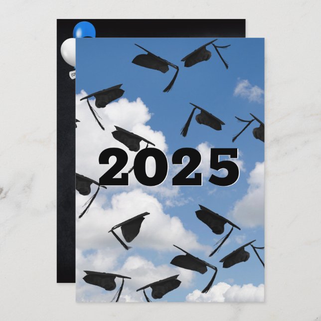 2025 Black Graduation Caps in Sky  Invitation (Front/Back)