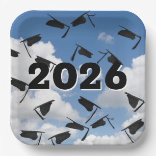 2025 Black Graduation Hats in Sky  Paper Plate