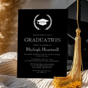 2025 Black White Laurel Wreath Cap Grad Party Invitation