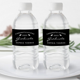 2025 Black White Script Cap Graduation Water Bottle Label