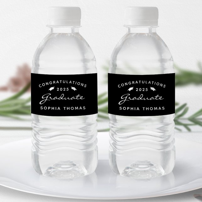 2025 Black White Script Cap Graduation Water Bottle Label (Creator Uploaded)