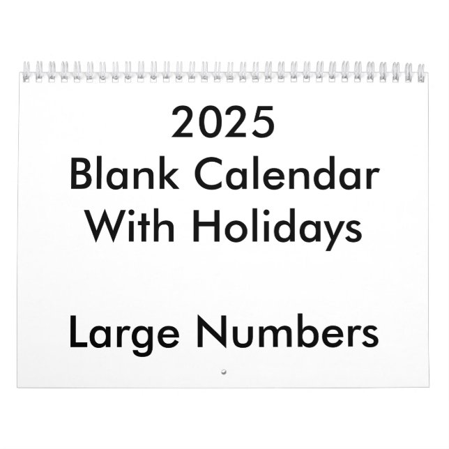 2025 Blank Calendar With Holidays Large Numbers (Cover)