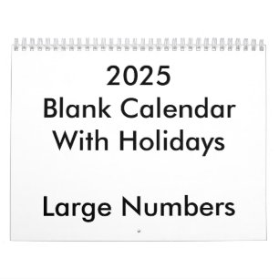 2025 Blank Calendar With Holidays Large Numbers