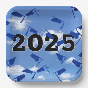 2025 Blue Graduation Caps in Sky  Paper Plate