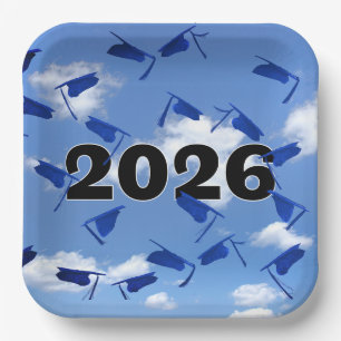 2025 Blue Graduation Caps in Sky   Paper Plate