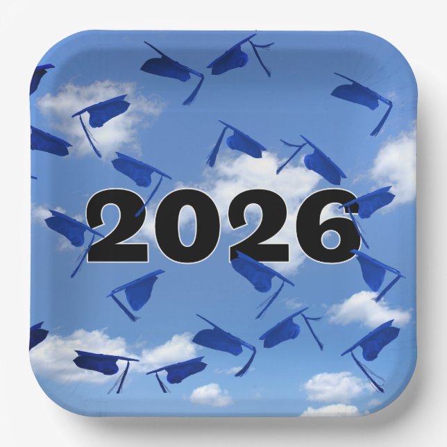 2025 Blue Graduation Caps in Sky   Paper Plate (Front)
