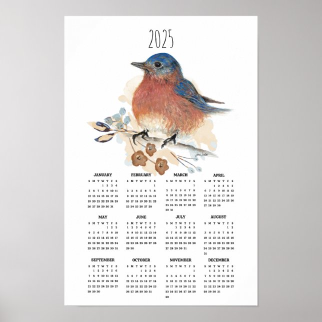 2025 Bluebird Watercolor Full-Year Poster Calendar (Front)