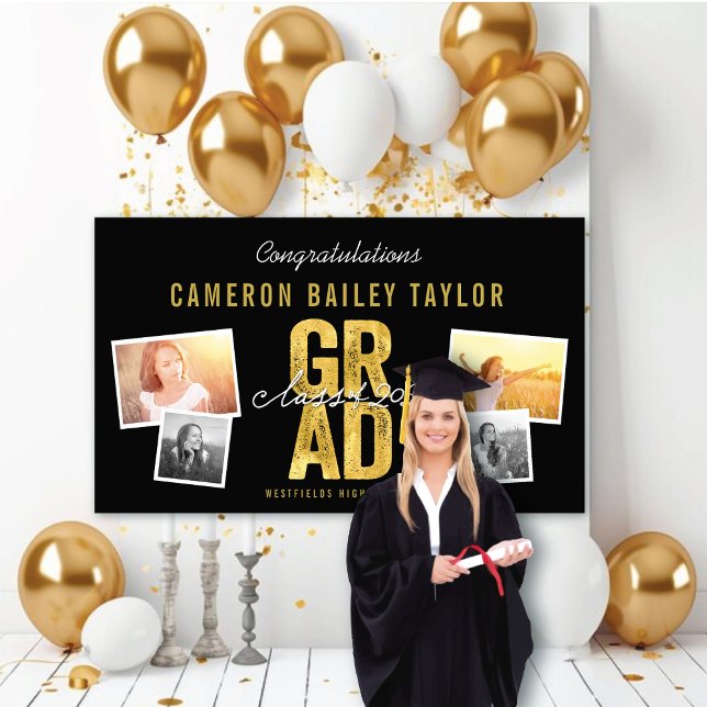2025 Bold Gold Foil GRAD 4 Photo Graduation Party Banner (Class Of 2024 Modern Bold Golden GRAD 4 Photo Graduation Party Banner @ www.zazzle.com/color_therapy)