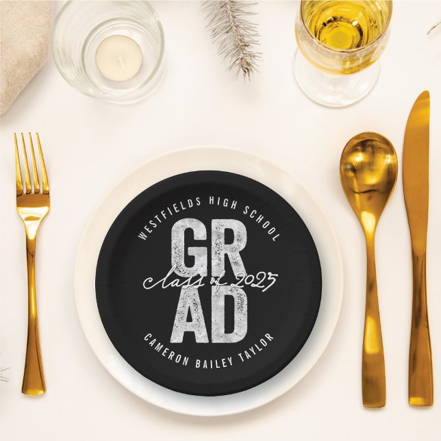 2025 Bold GRAD Silver Foil Chic Graduation Party Paper Plate (2025 Bold GRAD Silver Faux Foil Chic Graduation Party Paper Plates @ fatfatin)