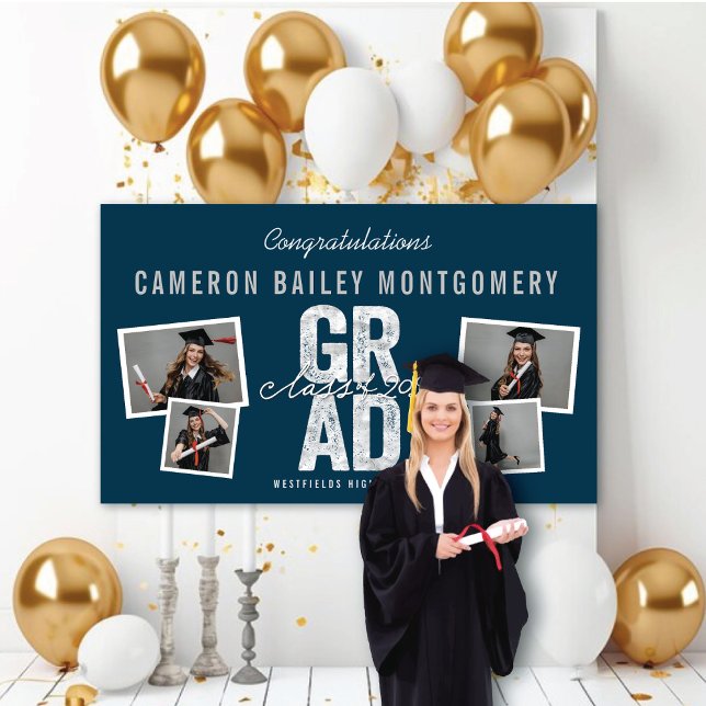 2025 Bold Silver GRAD 4 Photo Graduation Party Banner (Class Of 2024 Modern Bold Silver GRAD 4 Photo Graduation Party Banner @ www.zazzle.com/color_therapy)