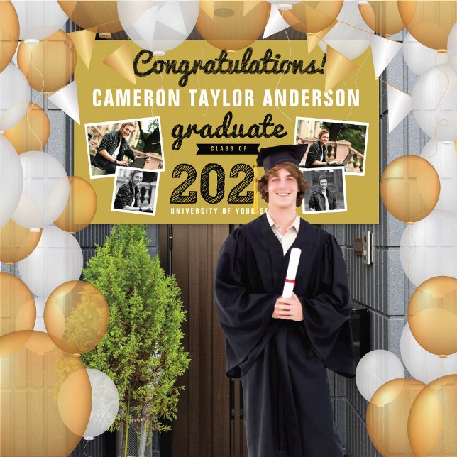 2025 Bold Sketch 4 Photo Congrats Graduation Party Banner (2024 Gold And Black Sketch 4 Photo Modern Graduation Party Banner @ www.zazzle.com/color_therapy)