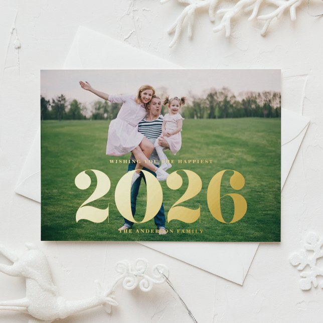 2025 Bold Typography Horizontal Photo New Year (Send new year cheer with this customizable gold foil photo 2026 new year card.)