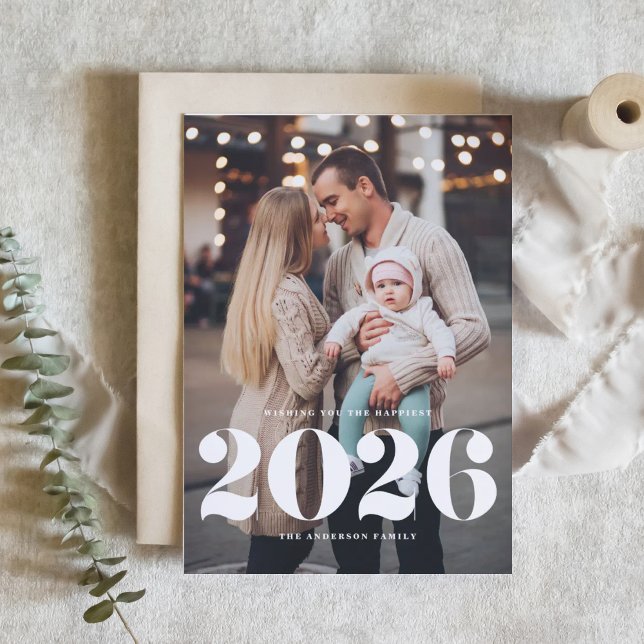 2025 Bold Typography Vertical Photo New Year Holiday Card (Ring in 2026 with this Happy New Year vertical photo card featuring 2026 in retro typography. )