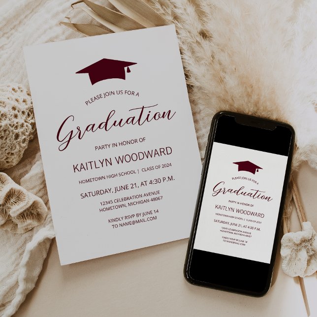 2025 Burgundy Cap Modern Graduation Party Invitation (Creator Uploaded)