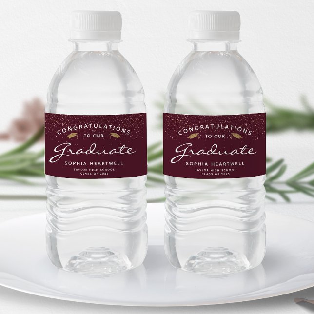 2025 Burgundy Gold Cap White Script Graduation Water Bottle Label (Creator Uploaded)