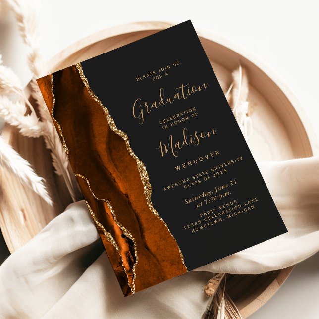2025 Burnt Orange Agate Dark Graduation Invitation (Creator Uploaded)