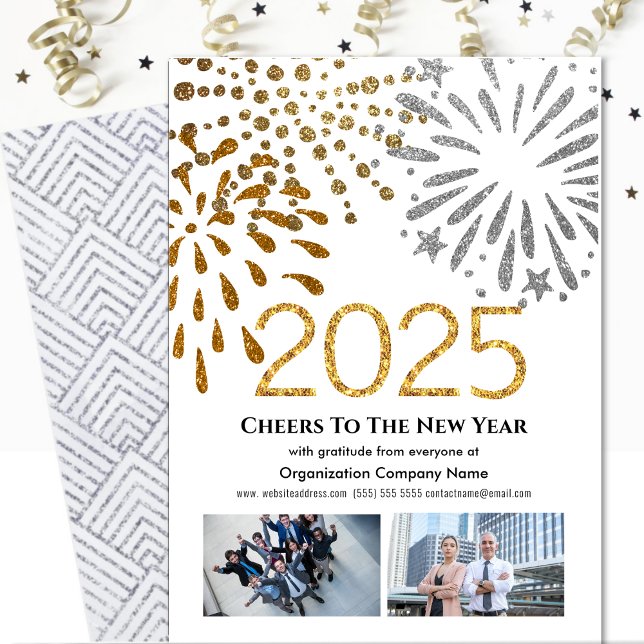 2025 Business 2 Photo Festive Fireworks Silver Holiday Card (Creator Uploaded)