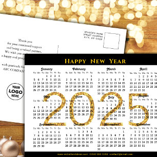 2025 Business Calendar Modern Black Gold Glitter   Holiday Postcard