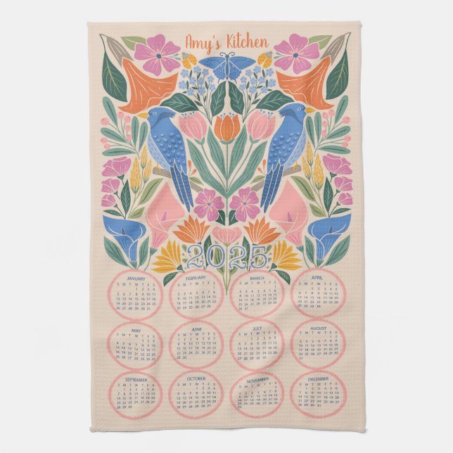 2025 Calendar - Blue Jay and Blooms Tea Towel (Vertical)