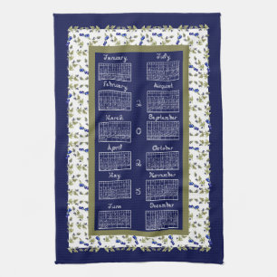 2025 Calendar Blueberries Stem Leaves Navy Tea Tea Towel