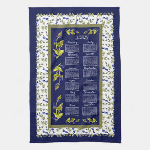 2025 Calendar Blueberries Stemmed Leaves Navy Tea Tea Towel